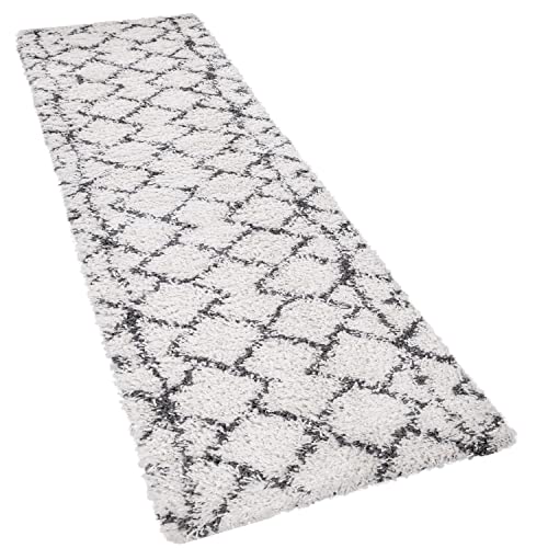 Paco Home Hochflor Teppich Läufer Flur Schlafzimmer Wohnzimmer Boho Shaggy Skandinavisch Rautenmuster Modern, Grösse:80×150 cm, Farbe:Creme Anthrazit 3 - 5