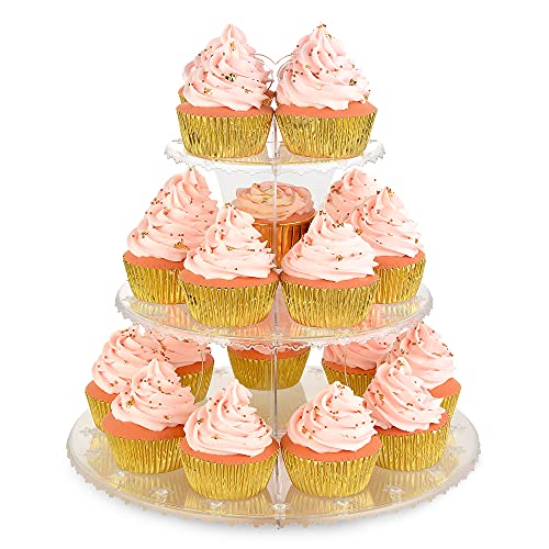 NWK 3-Tier Reusable Plastic Cupcake Stand Holder Floral Dessert Tower Treat Display Tree Rack for Birthday Wedding Tea Baby Shower Party (Clear)