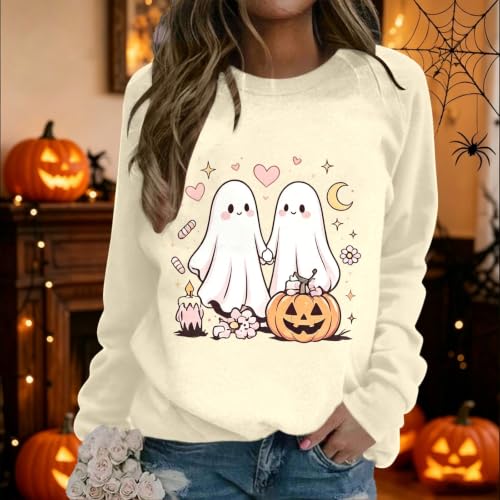 Halloween Sweatshirt for Women Ghost Pumpkin Long Sleeve Crewneck Pullover Spooky Season Sweatshirts Holiday Tops - image 2