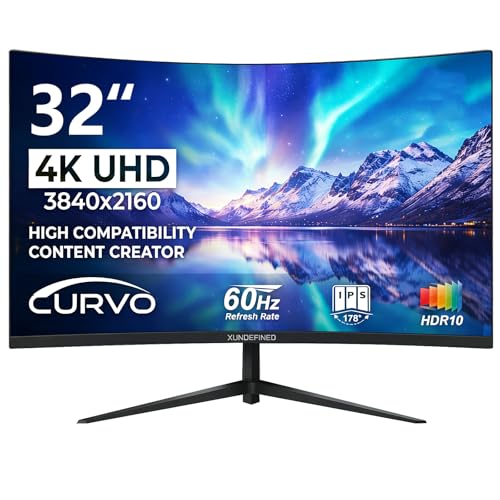 Image of XUNDEFINED 32 Inch 4K 60Hz Curved Monitor, UHD(3840 x 2160) VA Computer Monitor, 3000:1 Contrast, sRGB 120%, Blue Light Filter, Free-Sync with HDMI, DisplayPort for Home and Office