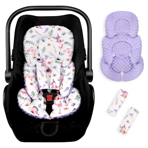 Image of Pea Pod Infant Car Seat Insert with Strap Covers, All in One Reversible Baby Car Seat Head Support for Newborn, 3D Soft Minky Carseat Cushion for Preemie to Infant, Stroller, Swing, Bouncer, Butterfly