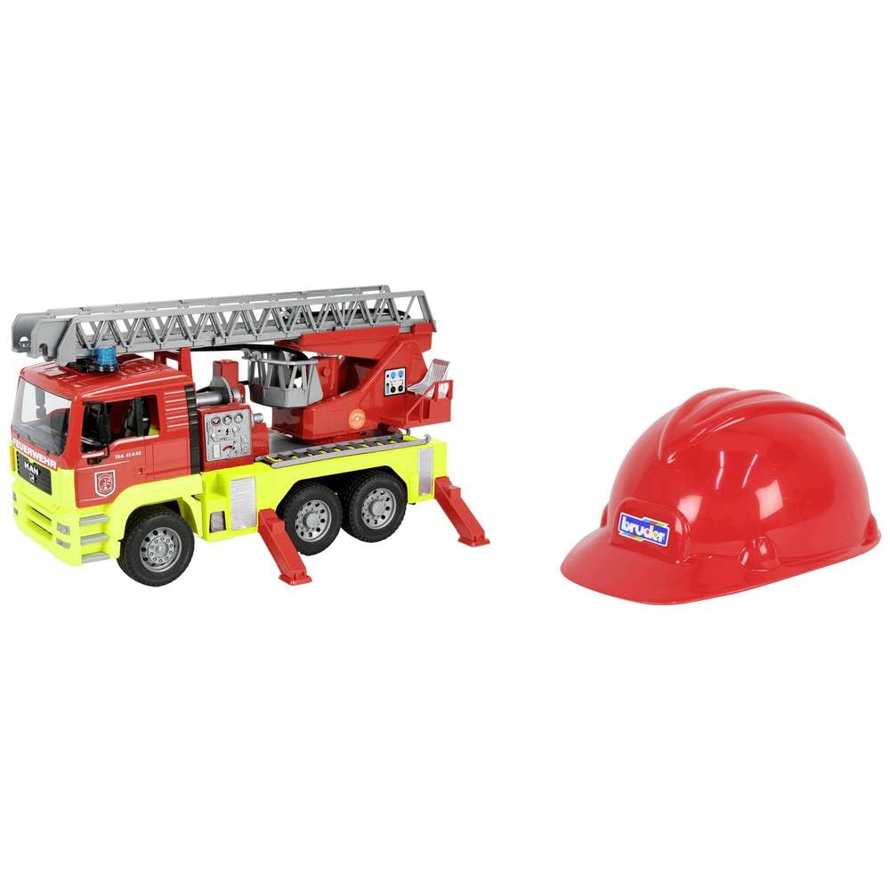 Bruder 01760 - MAN TGA - Feuerwehrauto mit Licht und Sound, Drehleiter und Kinder-Helm