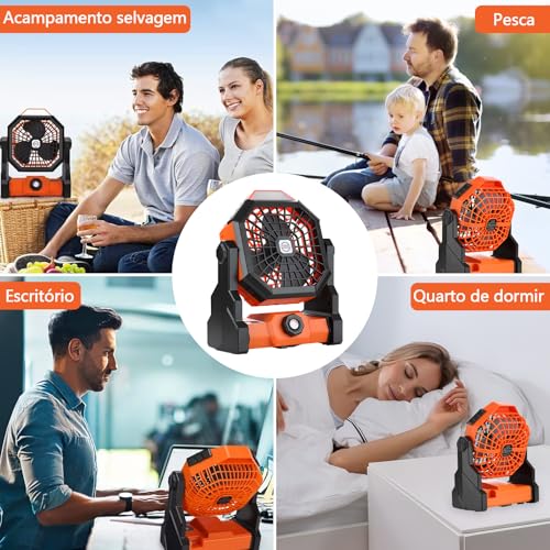 Ventilador recarregavel de Acampamento portátil, com lanterna LED, alimentado por bateria recarregáv