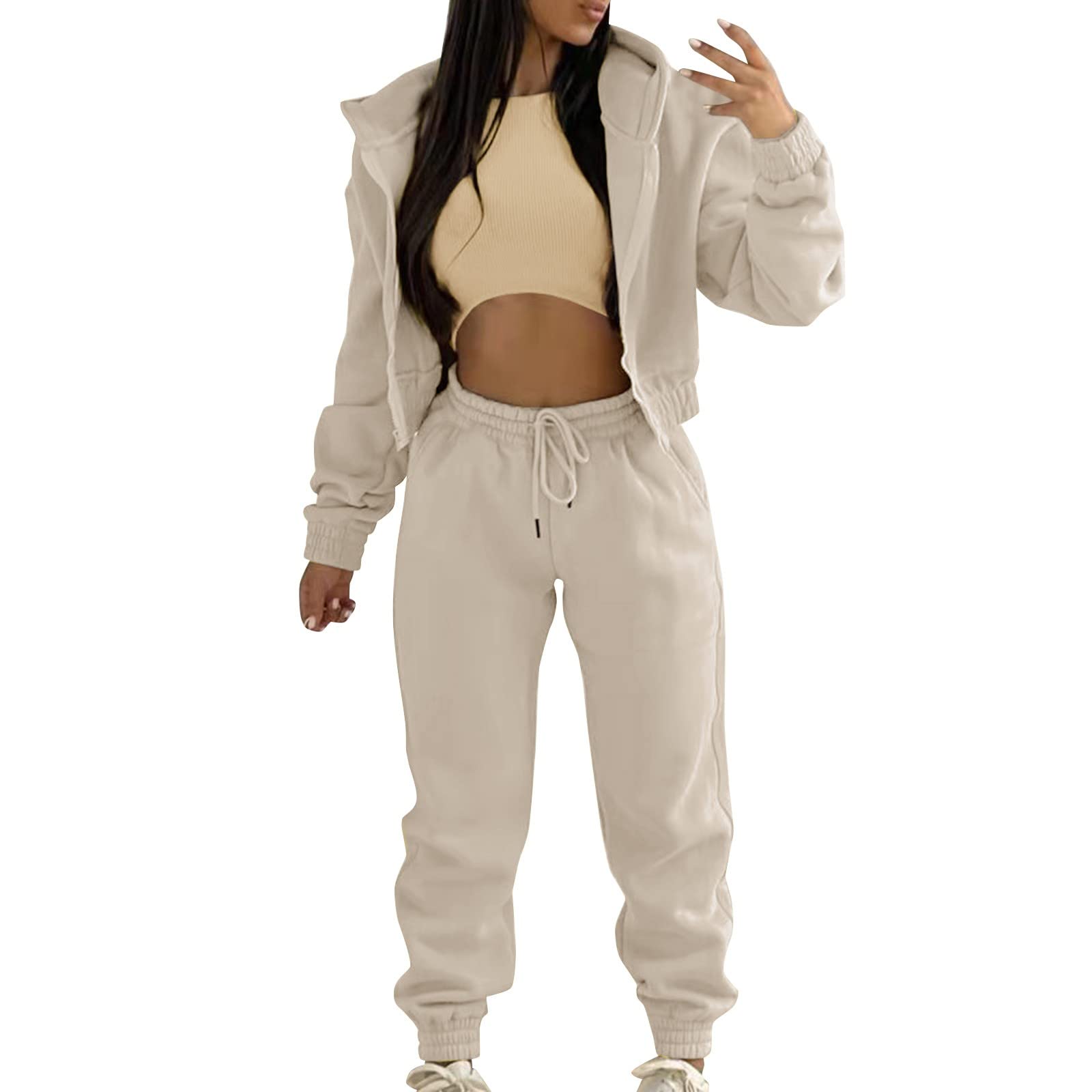 Generisch Damski dres treningowy na zimę, top, kamizelka, spodnie, zestaw modny, jednokolorowy, zamek błyskawiczny, bluza z kapturem, spodnie, zestaw trójczęściowy