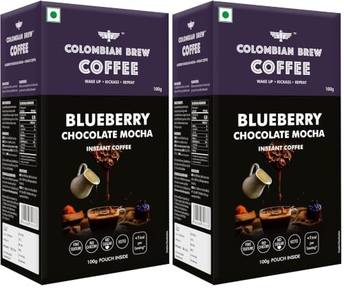 Image of COLOMBIAN BREW COFFEE Blueberry Chocolate Mocha Instant Coffee Powder Box, No Sugar, 100 Grams (Pack of 2)