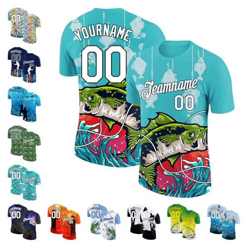 Custom Short Sleeve Bass Fishing Jersey, Personalized Name Number Fish Graphic Tee Shirts for Men Women Youth, Design Sun Protection Round Neck Sports T-Shirts for Team Fan Club Family, Green, XS-5XL