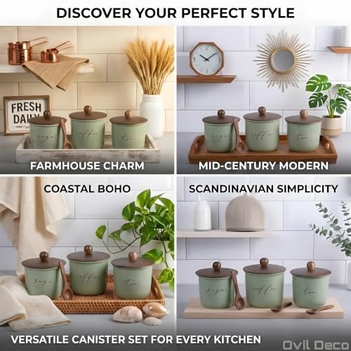 Image of Airtight Sugar, Coffee and Tea Canister Set of 3 with Wooden Spoons, Green, Metal with Wood Lid, 800ml, 11x11x15 cm | Food-Safe Jar Set for Kitchen counter top Container
