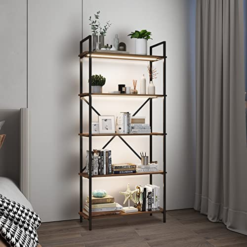 Vlsrka 5 Tier Bookshelf With 3 Led Lights, Industrial Bookshelf Tall Bookshelf Vintage Etagere Bookshelf Modern Bookcases Storage Organizer Open Display Shelves For Living Room Bedroom Home Kitchen #TOP2