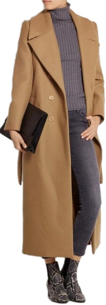 AZIZY Women's Camel Lapel Double Breasted Full-Length Slim Trench Wool Coat with Belt