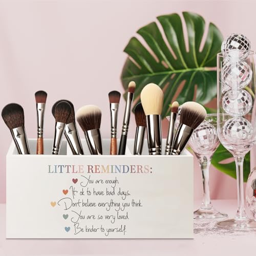 Image of Little Reminders Mental Health Wooden Pen Pencil Holder for Office Desk Accessories, Therapist Gifts, Mental Health Positive Affirmations Makeup Brush Toothbrush Holder Organizer