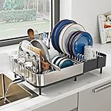 SUNLY Expandable Dish Drying Rack, Versatile Brackets for Pots & Pans, Space Saving Kitchen Drying Rack, Dish Racks for Kitchen Counter, Stainless Steel Dish Drainers with Extendable Spout, Black
