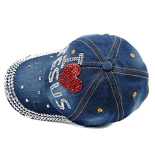Elonmo Bling Rhinestone Hats,I Love Jesus Design Womens Baseball Cap Golf Hat Jeans Wash Denim Adjustable (Color A) #TOP5