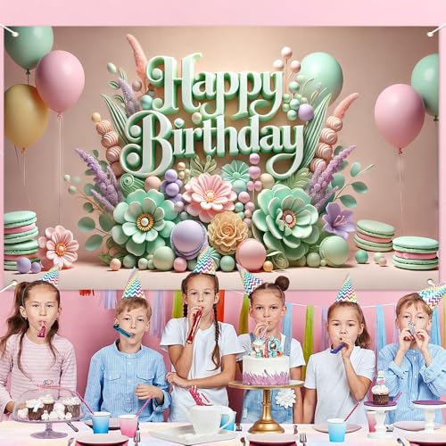 Image of Happy Birthday Banner for Women - 70.8x43.3 Inch Floral Happy Birthday Backdrop Polyester Spring Party Decorations Reusable Birthday Sign for Backdrop