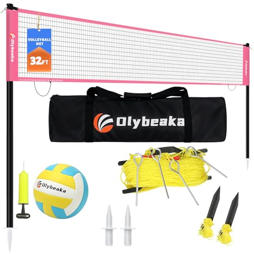 32ft Regulation Size Portable Outdoor Volleyball Net Set System for Backyard Beach with Height Adjustable Poles, PU Volleyball and Pump, Carry Bag, Boundary Line - Easy Set Up & Anti-Sagging (Pink)