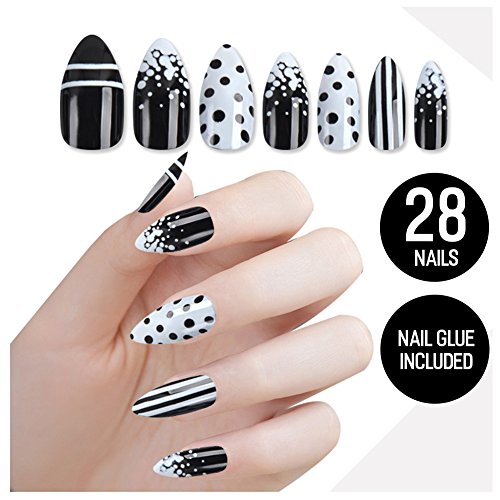 Tip Beauty Black White Fake Nail Kit, Wonderland, Faux Nails, Fake Nails, Glue on Nails, Instant Nails, Professional Nail Tips, False Nails with Glue - MSRP $18