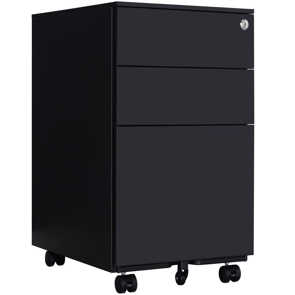 LWB020 Armoire de classement pré-montée - Caisson à roulettes avec mécanisme anti-basculement - Conteneur de bureau avec 3 tiroirs pour A4 - 50 cm L x 39 cm l x 60 cm H - Noir