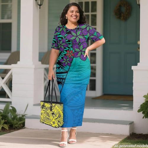 Image of Polynesian Dress for Women Short Sleeve High Waist Maxi Skirt | Puletasi dress, t-shirt and skirt two-piece, elastic material, lightweight, soft, plus size, luau party, wedding, clubwear