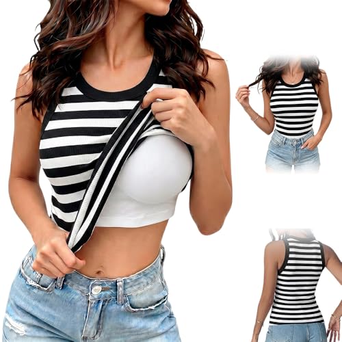 Women Built-in Bra Tank Tops, Tanks with Built in Bra, Dressy Tank Tops, Sleeveless Casual Shirts (US, Alpha, X-Large, Regular, Regular, BlackandWhite)