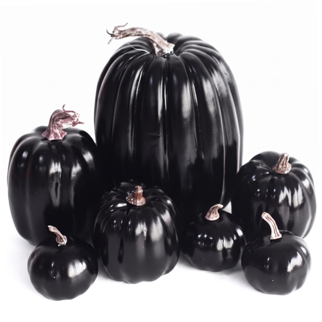 Peosaard 7-piece Foam Pumpkins Set, Halloween Pumpkin Decor, Fall Artificial Pumpkins For Outdoor & Indoor Decorations, Black