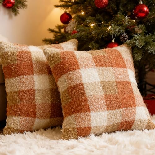 OSVINO Orange Plaid Christmas Fall Throw Pillow Covers Set of 2, 45x45 cm Checkerboard Square Pillowcases, Cozy Fluffy Decorative Covers for Sofa Couch Living Room Bed