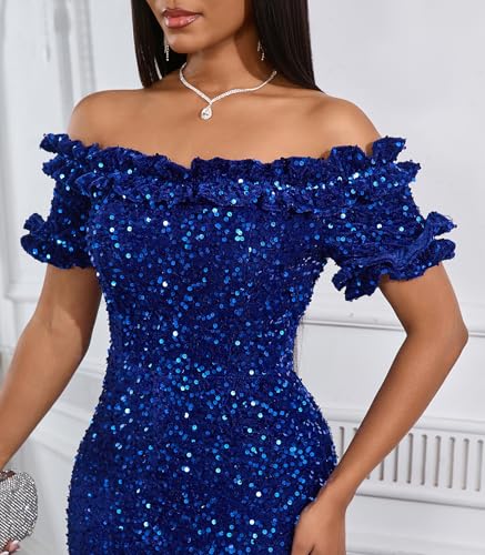 Image of dasmzper Women Sexy Sequin Off Shoulder Ruffle Short Sleeve Bodycon Mermaid Party Formal Evening Maxi Dress