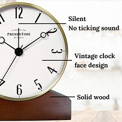 Presentime & Co Mozart Mantel Alarm Clock, Desk And Shelf Clock, Tabletop Decoration, 6 X 5.5 Inch, Silent No Ticking, Wooden Base, Walnut Finish, Golden Color, Arabic Numeral #TOP2