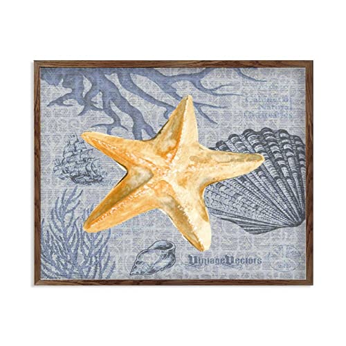 Cadre en bois vintage avec illustration océan de grand format pour salon et cuisine