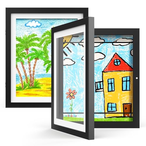 Hsypti Kids Art Frames, Kids Artwork Frames Changeable 8.5 x11 with Mat and 10 x12.5 Without Mat, Front Opening Holds 100 Drawings for Drawings, Artworks, Children Art Projects 2 Pack Black
