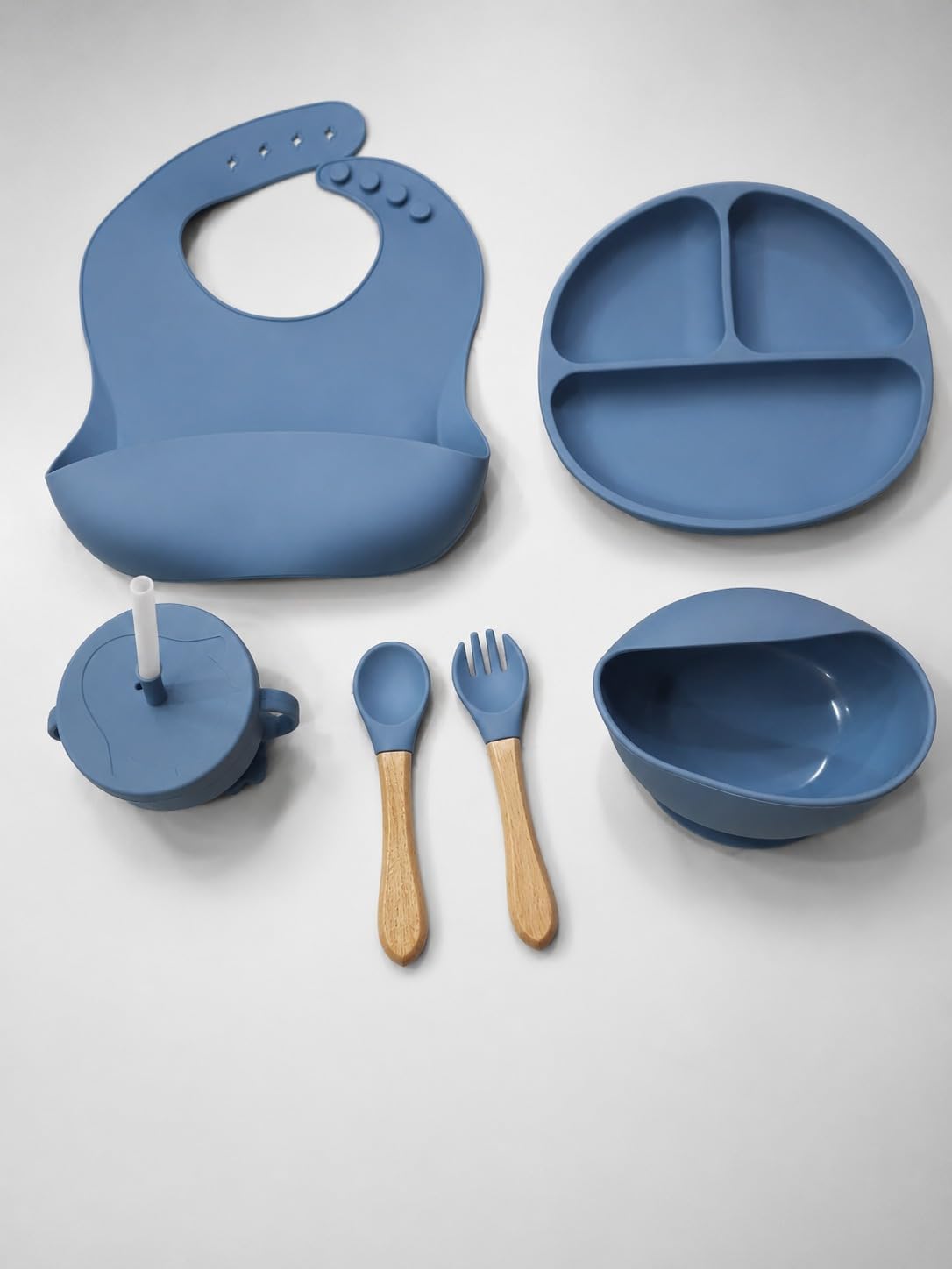 Wave Coast 6-Piece Silicone Baby Feeding Set, Light Blue | BPA-Free Suction Plate, Silicone Bowl, Bib, Bamboo Spoon & Fork, Gum-Friendly, Microwave Safe-image-6