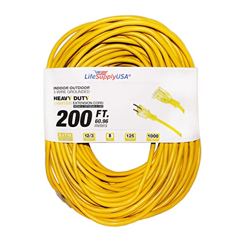 200 ft Power Extension Cord Outdoor & Indoor Heavy Duty 12 Gauge/3 Prong SJTW (Yellow) Lighted end Extra Durability 8 AMP 125 Volts 1000 Watts by LifeSupplyUSA