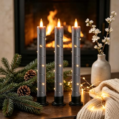 Image of 3 Pack Gray Dripping Wax Flameless Candles, Realistic Dynamic Flame LED Taper Candles with Surrounding Fairy String Lights, Remote Control Battery Operated Candles for Home Wedding Holiday Decor