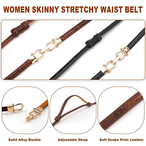 2pcs Skinny Waist Belt for Women, Adjustable Thin Waist Belts Stylish Leather Belt with Gold Buckle Skinny Leather Belt Women Skinny Belt for Shirts Dress (Black, Brown)4