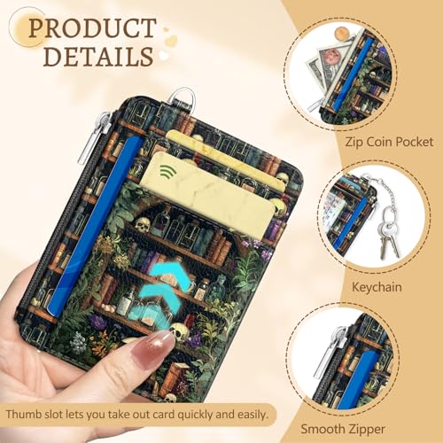 Image of Kelvoris Goth Bookshelf Credit Card Holder Small Wallet Women, Slim RFID | Keychain, Zipper Coin Pocket, Front Pocket Thin Travel Card Case, Minimalist, 6 Card Slots, 1 ID Window, Ladies Gifts Woman