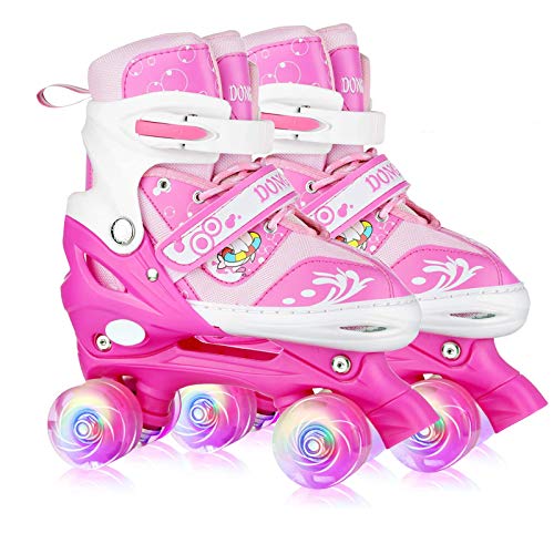 Roller Skates for Girls - Adjustable Roller Skates, with 8 Wheels Light Up, Full Protection for Children's Indoor and Outdoor Play, Rollerskates for Kids Beginners, Pink, Small Size 12J-2