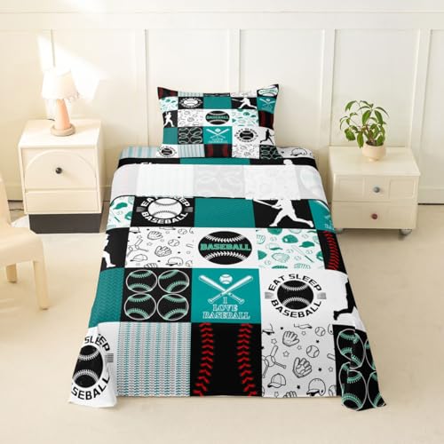 Image of Castle Fairy Baseball Bed Sheet Set for Kids,Sports Geometric Grid Green Sheets Set,Patchwork Baseball Home Decor Sheet Sets with Deep Pocket,Top Flat Sheet,Twin Size