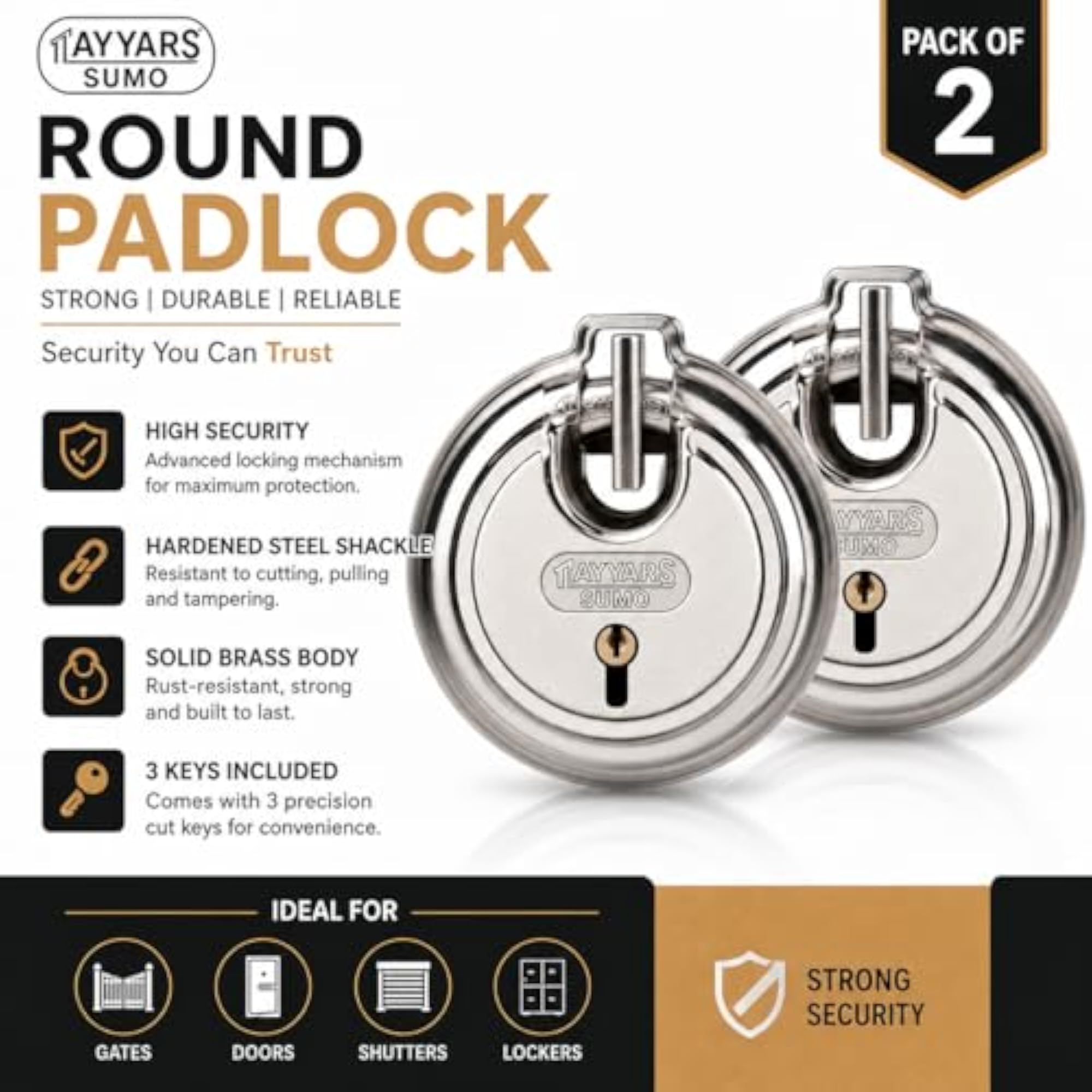 Heavy Duty Sumo Disc Padlock with 7 Lever Security, Pack of 2