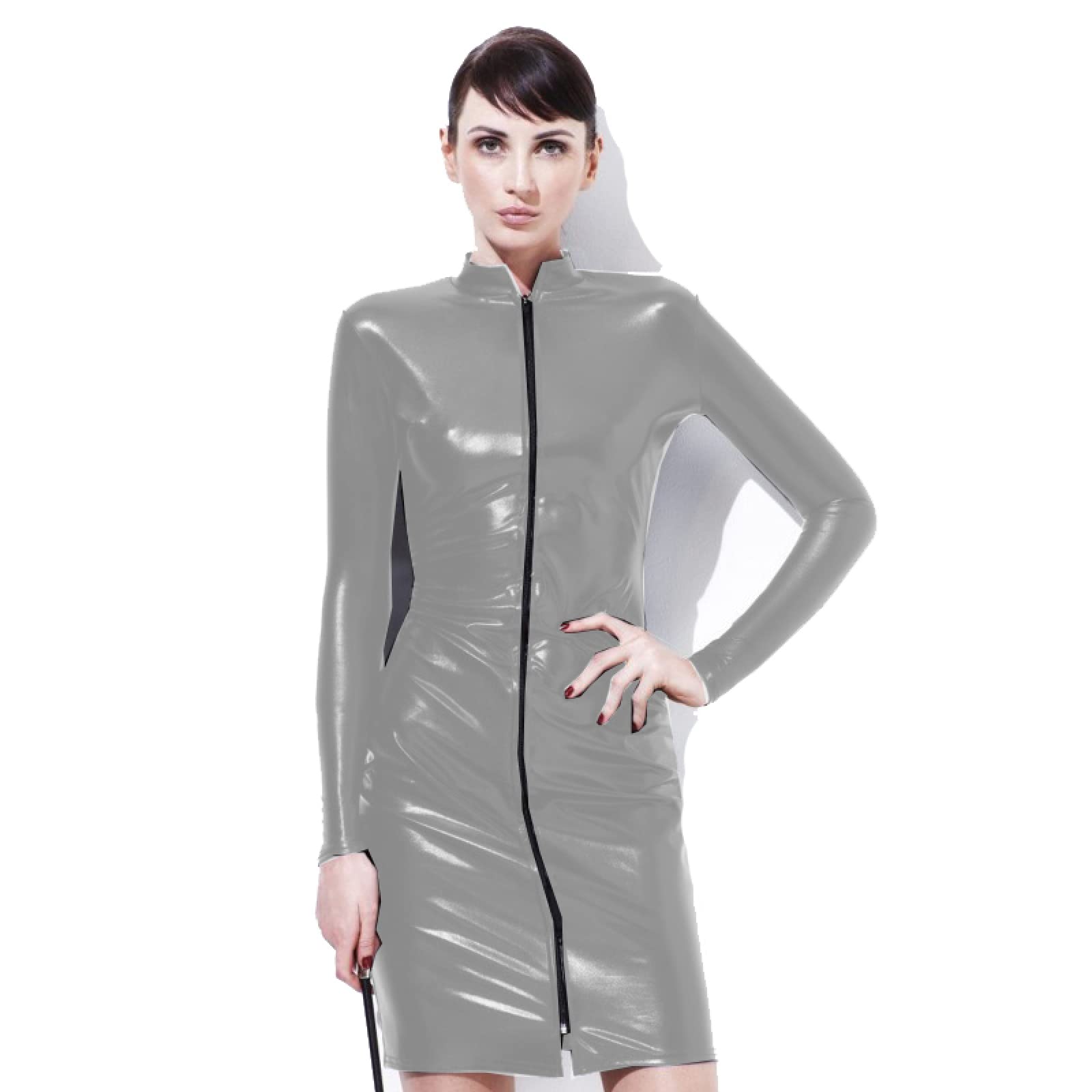 Robe en cuir mince gris avec fermeture éclair design moderne - 4