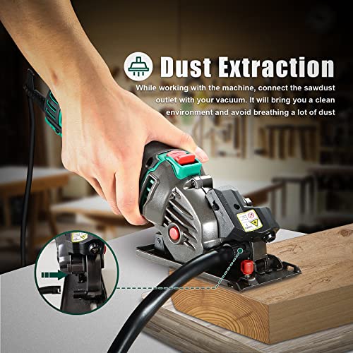 Mini Circular Saw, Hychika Compact Circular Saw Tile Saw With 3 Saw Blades 4A Pure Copper Motor, 3-3/8”4500Rpm Ideal For Wood, Soft Metal, Tile And Plastic Cuts, Laser Guide, Scale Ruler #TOP5