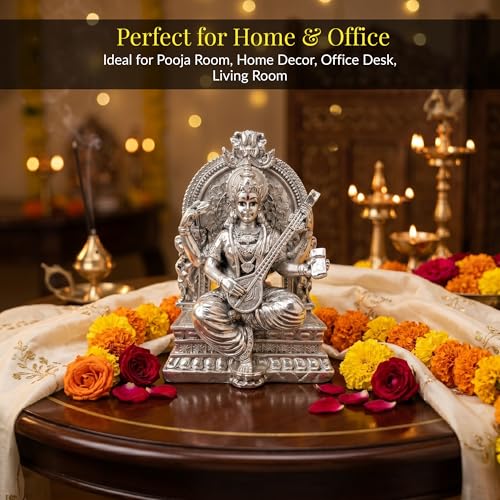 Image of Premium Silver-Plated Saraswati Idol | Saraswati maa Idol for Home Temple | Pooja Room | Study Table | Office Decor | Saraswati maa Murti for Diwali | 3.7 inch