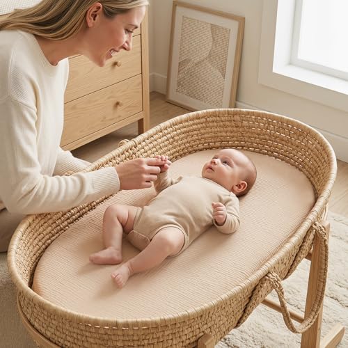 Image of 100% Muslin Cotton Baby Bassinet Sheets for Baby Boy Girls,4-Pack Fitted Bassinet Sheets Set Compatible with Halo Bassinest Swivel Sleeper,Baby Delight,Angelbliss,32 inchX16 inch (Sun Series)