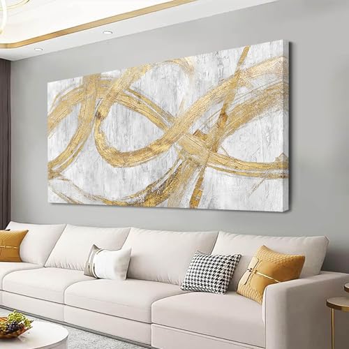 Image of Graffiti Framed Wall Painting Gold Line Art 29 inchx 58 inch Living Room Abstract Artwork Master Bedroom Wall Decor Large Size 29 inchx 58 inch White Picture Print for Walls