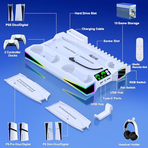 PS5/PS5 Support fin et station de refroidissement avec station de charge LED pour console Playstation 5, chargeur rapide 2H pour manette PS5, accessoires PS5 avec 3 niveaux de ventilateur de - 11