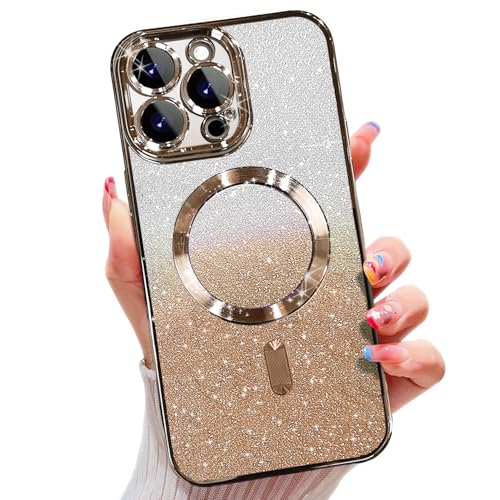 Image of Misscase for iPhone 15 Pro Magnetic Glitter Case Compatible with MagSafe,Camera Lens Protector Full Protection Elegant Anti-Scratch Dust-Proof Net Case Cover for iPhone 15 Pro Gold