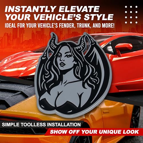 Image of Succubus Emblem, Devil Girl Demon Goddess 3D Badge, Dark Gothic Lilith Style Auto, Custom 3D Exterior Automotive Accessories, Universal Fit for Car, Truck, SUV (Set of 2) (Chrome)