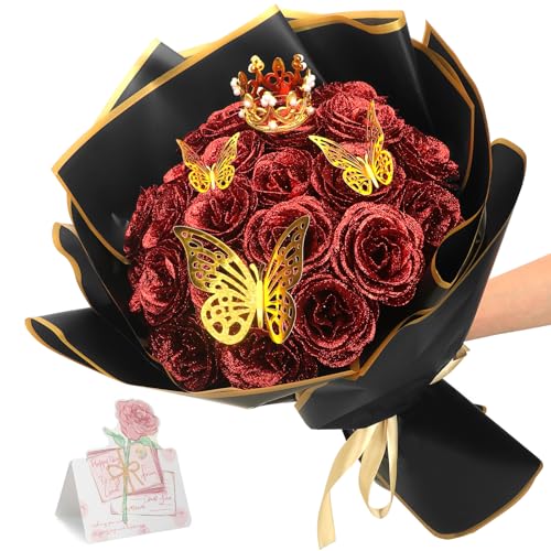 CIOXSOIO 24pcs Ramos de Rosas Artificiales con Purpurina, DIY Ramo de Rosas Artificiales, Ramo de Flores Artificiales con Corona para San Valentín, Boda, Compromiso, Cumpleaños