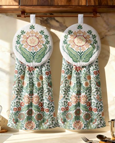 Miss Adola Cotton Hanging Hand Towels - 2pcs Hand Drying Towels for Kitchen Stove Bathroom with Hanging Loop Cute Decorative Soft Terry Cloth Kitchen Towel with Boho Design for Housewarming Gifts