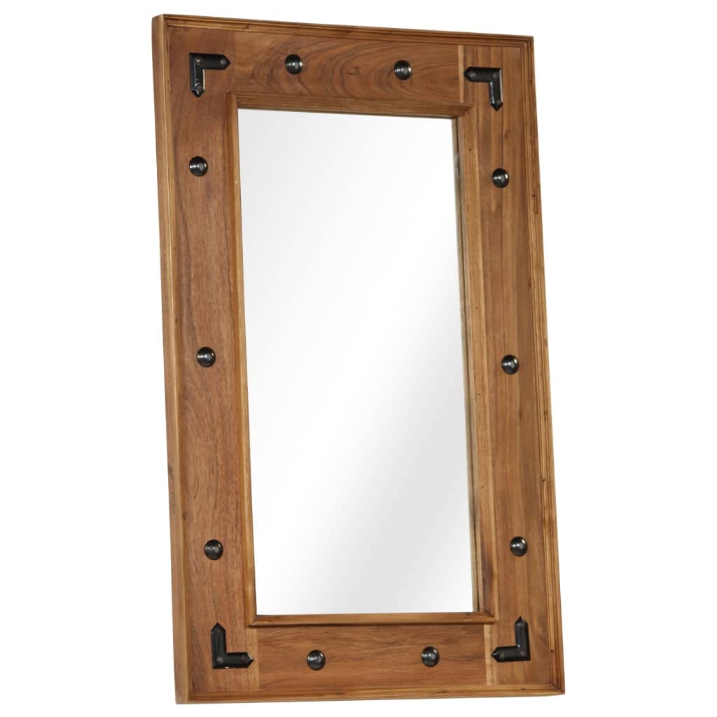 Lustro ścienne z litego drewna akacjowego, 50 x 80 cm, z elementami dekoracyjnymi, do salonu i łazienki, polerowane, lakierowane, trwałe