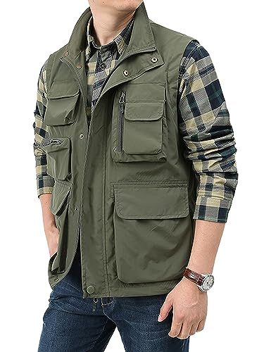 Sukany Men's Casual Lightweight Utility Vest Outdoor Fishing Safari Gilet Cargo Shooting Travel Waistcoat with Pockets Army Green S - Image 3