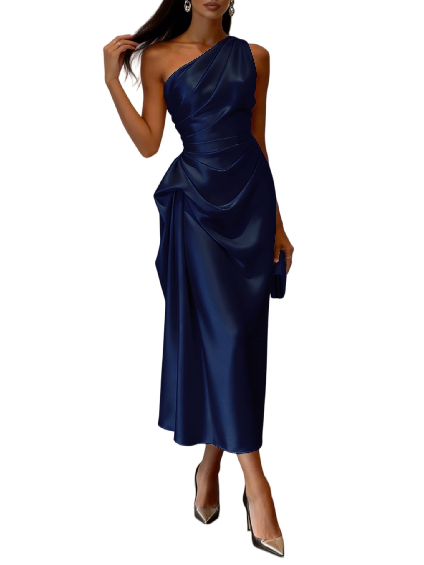 Abiti Eleganti Donna Abito da Donna in Raso Monospalla Elegante Senza Maniche con Drappeggio Perfetto per Invitate A Matrimoni Abito Midi Aderente in Seta Drappeggiato per Donna Completo