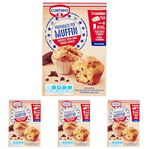 Cameo Preparato per Muffin con Gocce di Cioccolato, Facile da Preparare, Miscela per Impasto e Stampini Inclusi nella Confezione, Preparato per 12 Muffin, Senza Coloranti, 370 g (Confezione da 4)